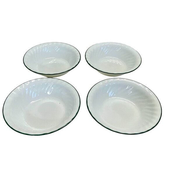 Set Of 4 Corelle White Swirl Rimmed Soup Bowls With Green Trim 6.25" Diameter Du - Picture 1 of 6